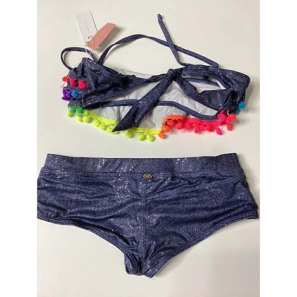 New. Pilyq denim sparkly Pom Pom bikini.